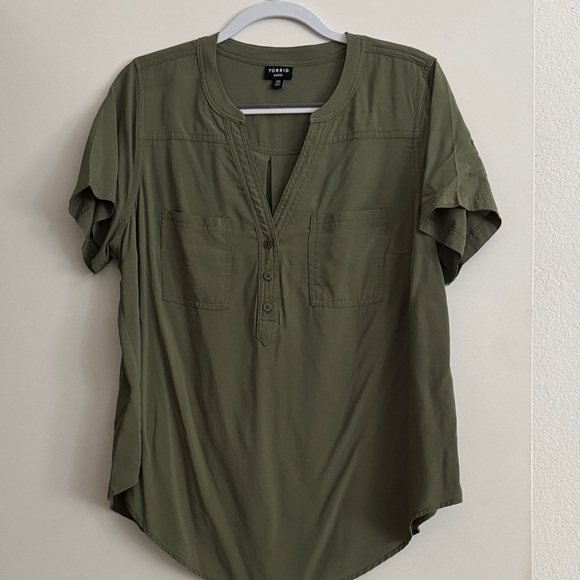 Torrid Olive Button-Front Blouse - Picture 1 of 8